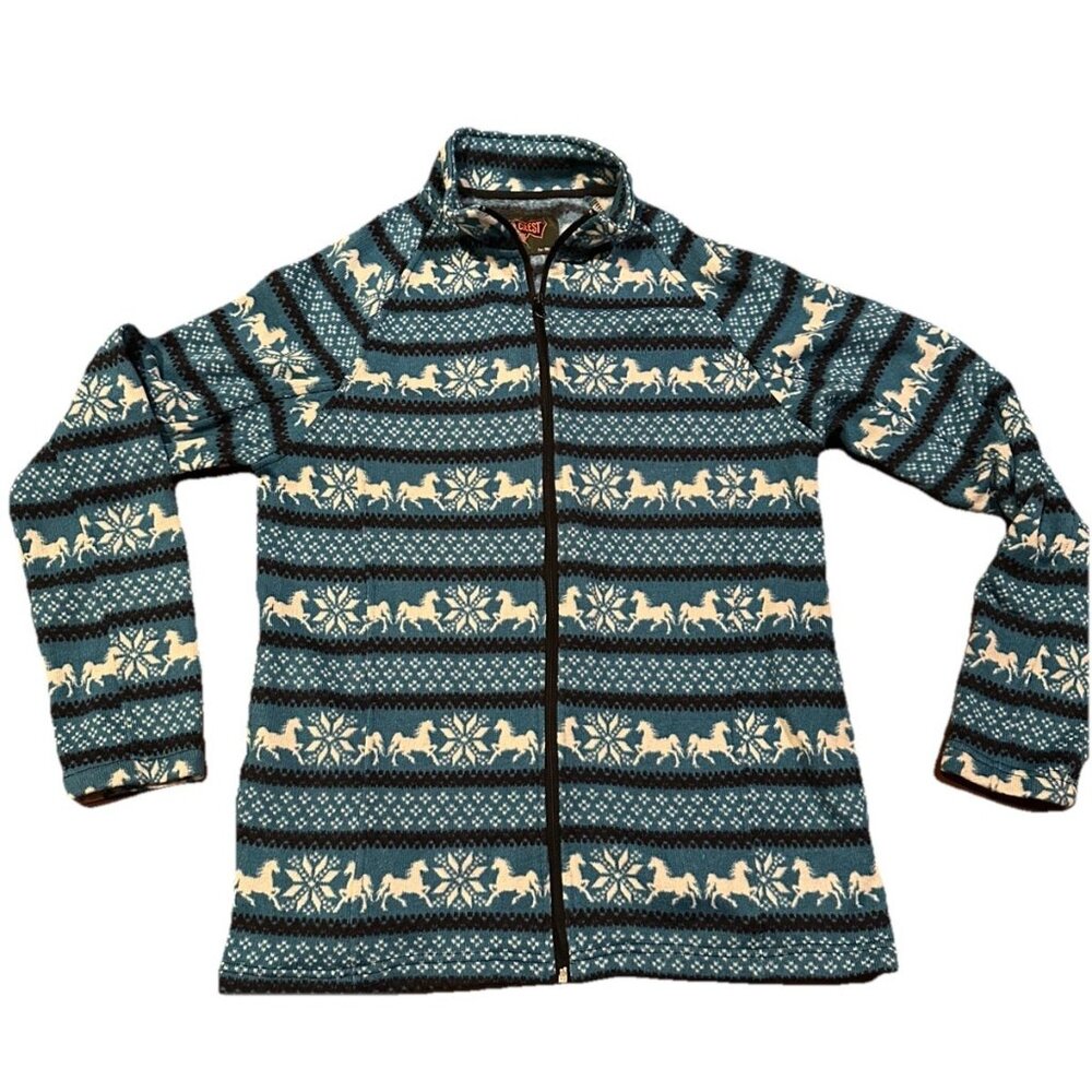 Trail Crest "Horses" ADULT Fleece Zip Up Hooded Sweatshirt Jacket Blue Med